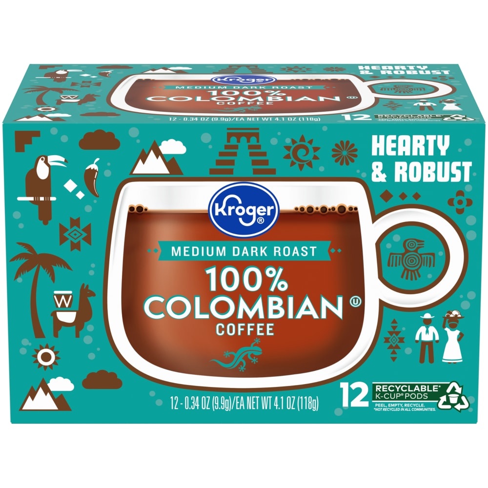 slide 1 of 1, Kroger 100% Colombian Medium Dark Roast Coffee K-Cup Pods, 12 ct