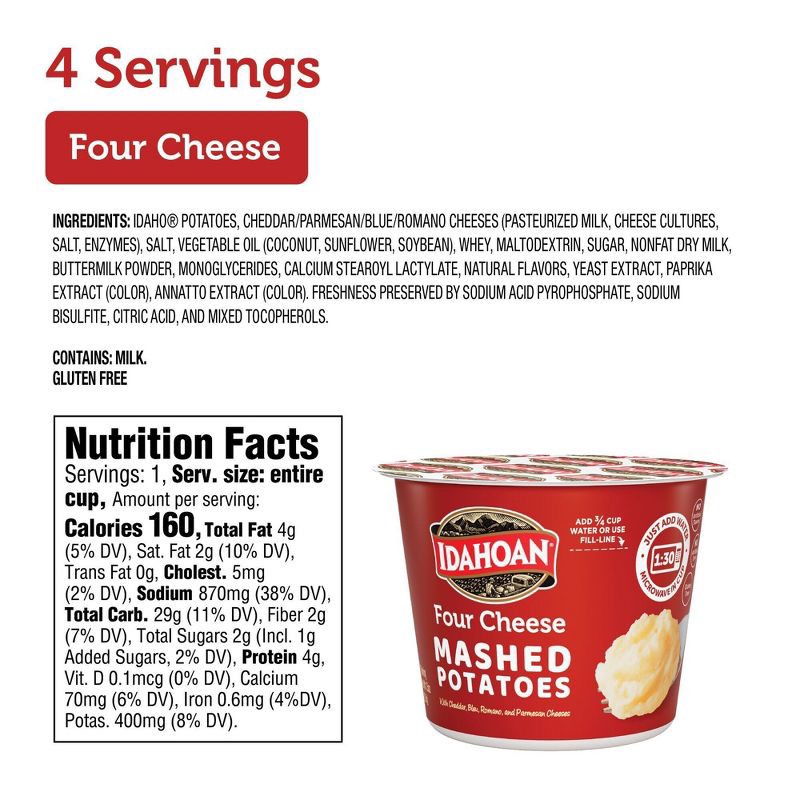 slide 5 of 11, Idahoan Gluten Free Four Cheese Mashed Potato Cups - 6oz/4ct, 4 ct; 6 oz