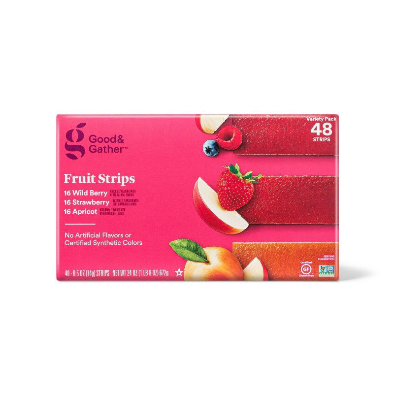 slide 1 of 3, Strawberry, Apricot and Wildberry Fruit Strips Variety Pack - 24oz/48ct - Good & Gather™, 24 oz, 48 ct
