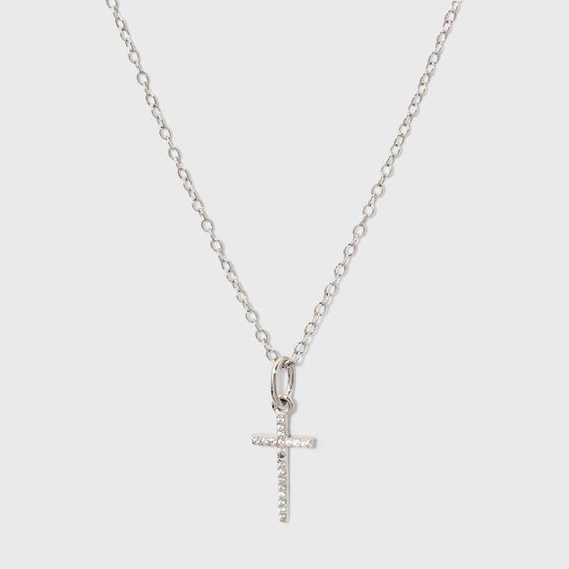 slide 1 of 2, Sterling Silver Pave Cubic Zirconia Cross Pendant Necklace - A New Day™ Silver/Clear: Spring Ring Clasp, 18" Length, 1 ct