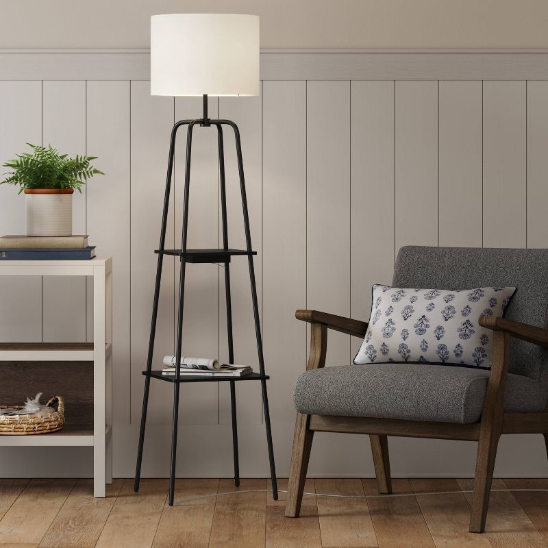 slide 3 of 4, 20" Etagere Power Source Shelf Floor Lamp Black Metal/Wood - Threshold™: USB Port, Modern Design, 1 ct