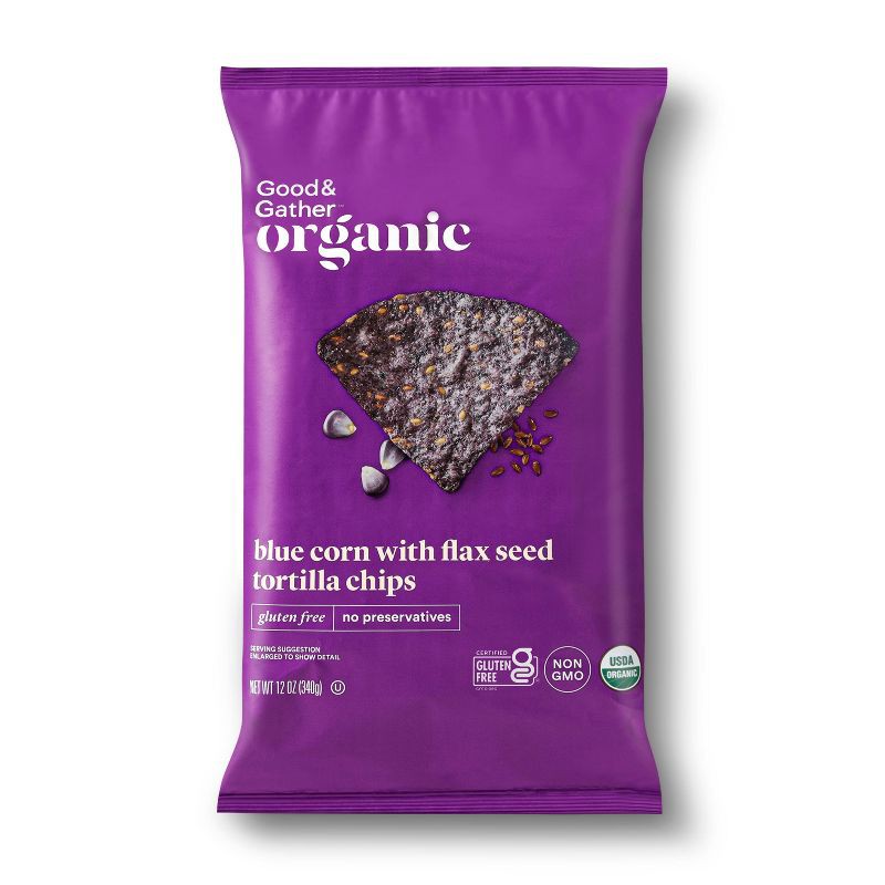 slide 1 of 3, Organic Blue Corn Tortilla Chips with Flax Seeds - 12oz - Good & Gather™, 12 oz