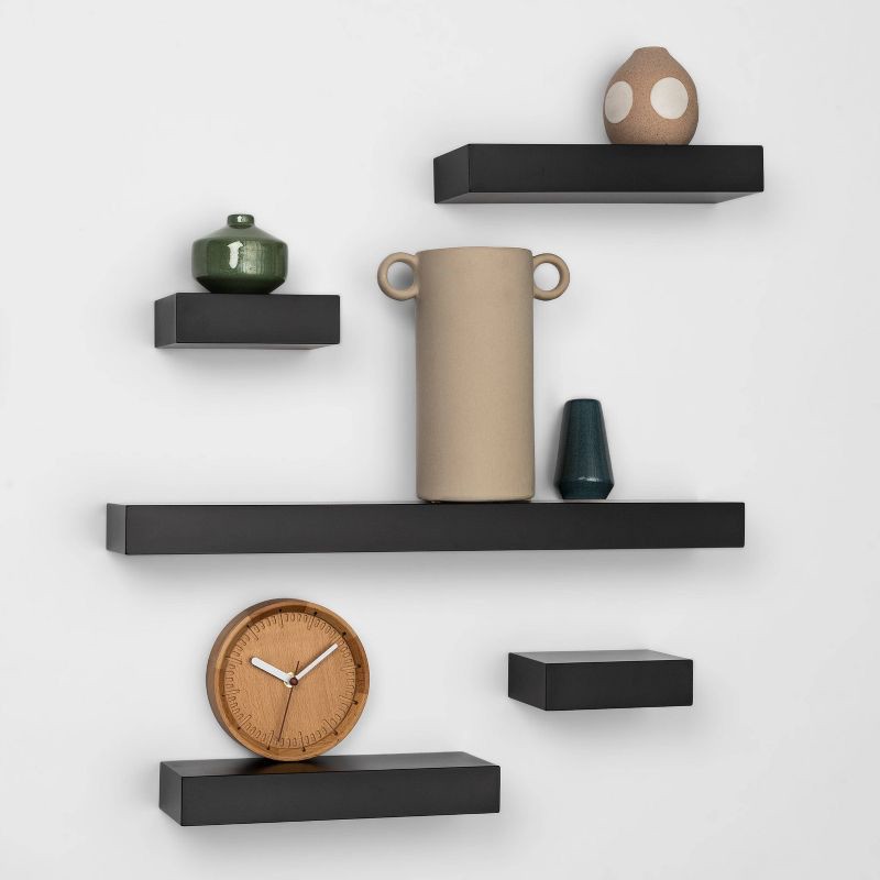 slide 2 of 5, 5pc Modern Wall Shelf Set Black - Threshold™: MDF Composite, Open Shelves, Includes Mounting Hardware, 5 ct