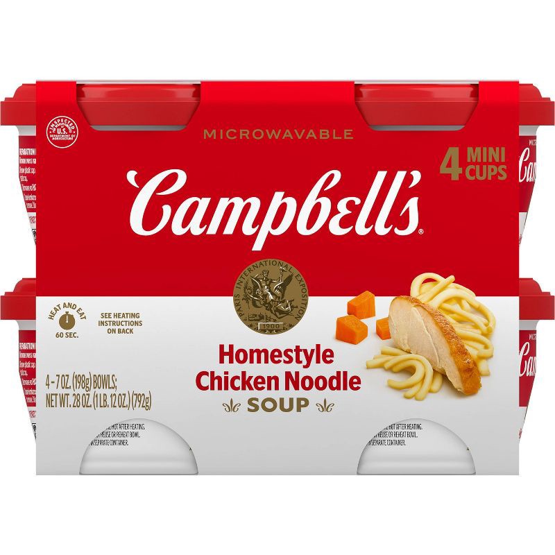 slide 4 of 11, Campbell's Homestyle Chicken Noodle Soup Microwavable Mini Cups - 28oz/4pk, 4 ct; 28 oz