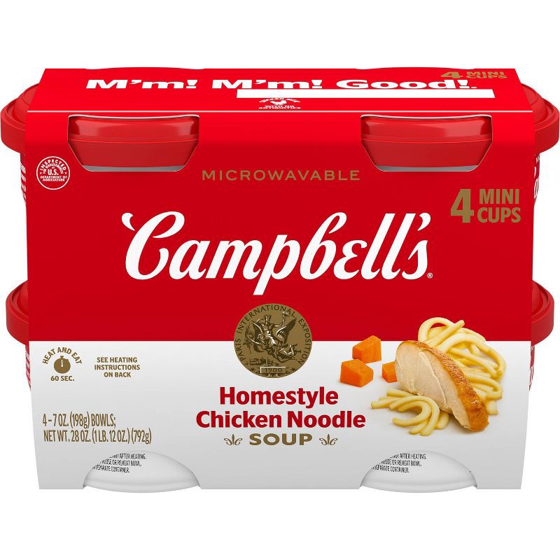 slide 1 of 11, Campbell's Homestyle Chicken Noodle Soup Microwavable Mini Cups - 28oz/4pk, 4 ct; 28 oz