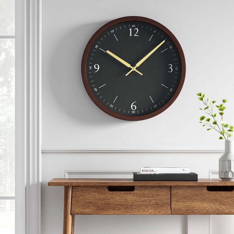 slide 2 of 3, 20" Walnut Woodgrain Wall Clock Black - Threshold™: Modern Analog Display, Indoor Decorative Timepiece, 1 ct