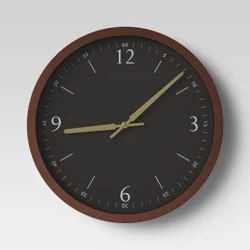 20" Walnut Woodgrain Wall Clock Black - Threshold™: Modern Analog Display, Indoor Decorative Timepiece