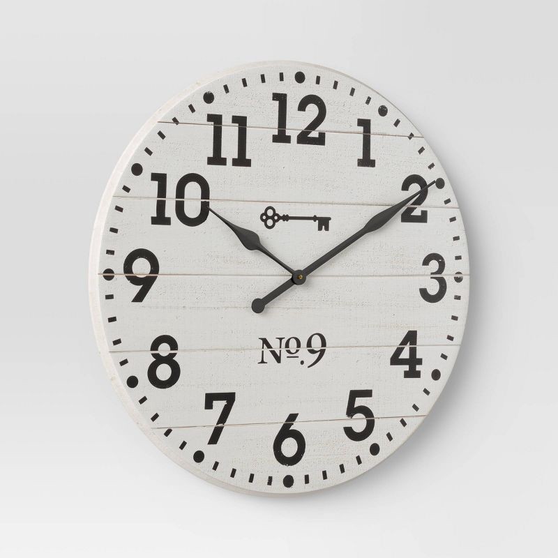 slide 3 of 3, 26" Farmhouse Wood Wall Clock White - Threshold™: Rustic Indoor Timepiece, Round Shape, 1 ct