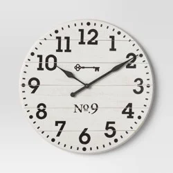 26" Farmhouse Wood Wall Clock White - Threshold™: Rustic Indoor Timepiece, Round Shape