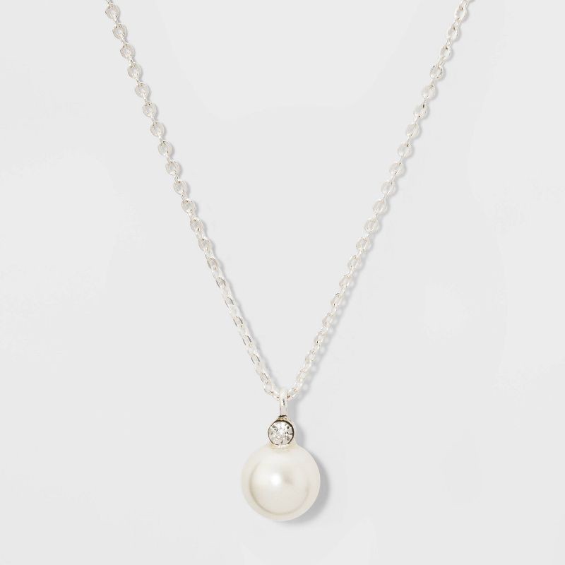 slide 1 of 2, Pearl and Rhinestone Pendant Necklace - A New Day™ Silver: Nickel-Free Metal, Lobster Claw Clasp, 16" Length with Extender, 1 ct