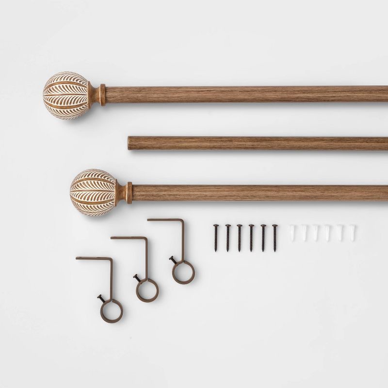 slide 2 of 3, 66"-120" Carved Light Woodtone Ball Curtain Rod Natural - Threshold™: Steel & Polyresin, Single Rod, 0.875" Diameter, 1 ct