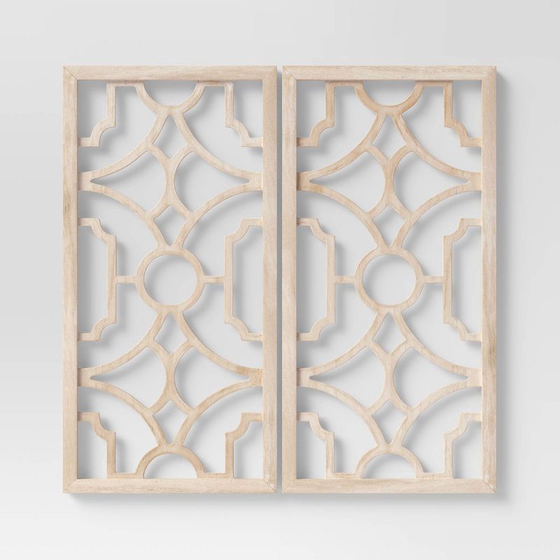 slide 1 of 4, Set of 2 Wood Lattice Wall Hanging Brown - Threshold™: Elegant Decorative Panels, Modern Geometric Design, 1 ct