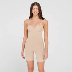 ASSETS by SPANX® SPANXshape™ Women's Flawless Finish Strapless Cupped Mid-Thigh Bodysuit - Beige 1X: Medium Control Knit Shapewear