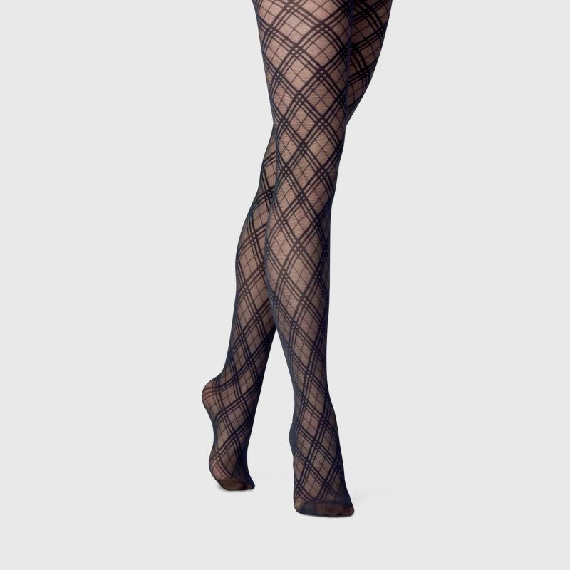 slide 1 of 2, Women's Plus Size Bias Plaid Tights - A New Day™ Black 1X-2X: High Waisted, Sheer, Tagless, Full Waistband Elastic, Knit, 1 ct