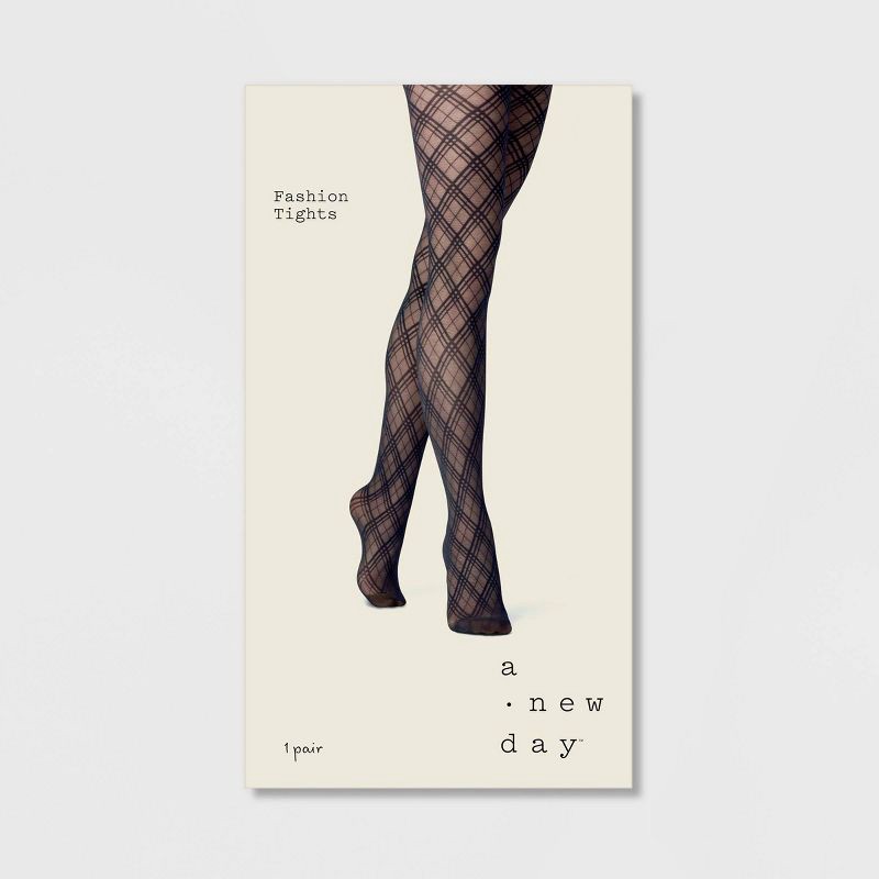 slide 2 of 2, Women's Bias Plaid Tights - A New Day™ Black S/M: High Waisted, Sheer, Knit, Tagless, 1 ct