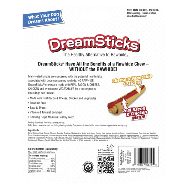 slide 12 of 21, DreamBone DreamSticks With Real Bacon And Cheese 15 Count, Rawhide-Free Chews For Dogs, 0.66 lb