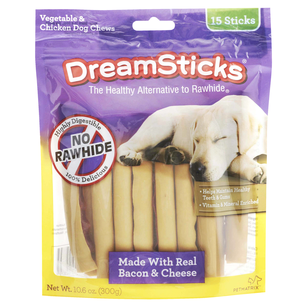 slide 1 of 21, DreamBone DreamSticks With Real Bacon And Cheese 15 Count, Rawhide-Free Chews For Dogs, 0.66 lb