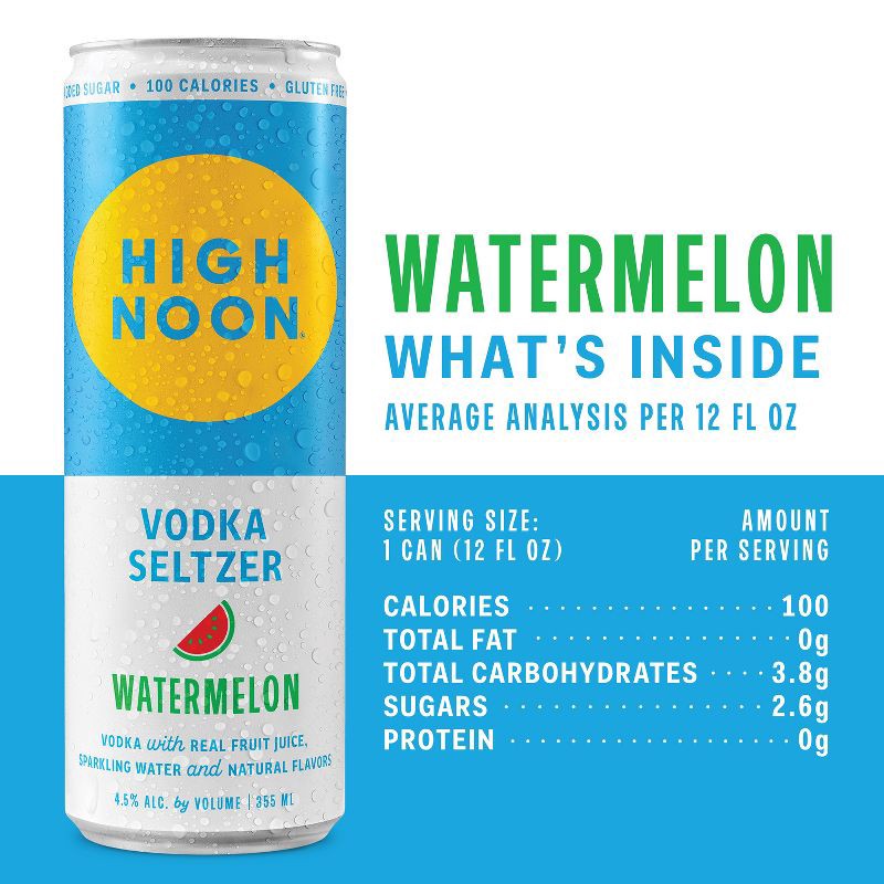 slide 3 of 9, High Noon Watermelon Vodka Hard Seltzer - 4pk/355ml Cans, 4 ct; 355 ml