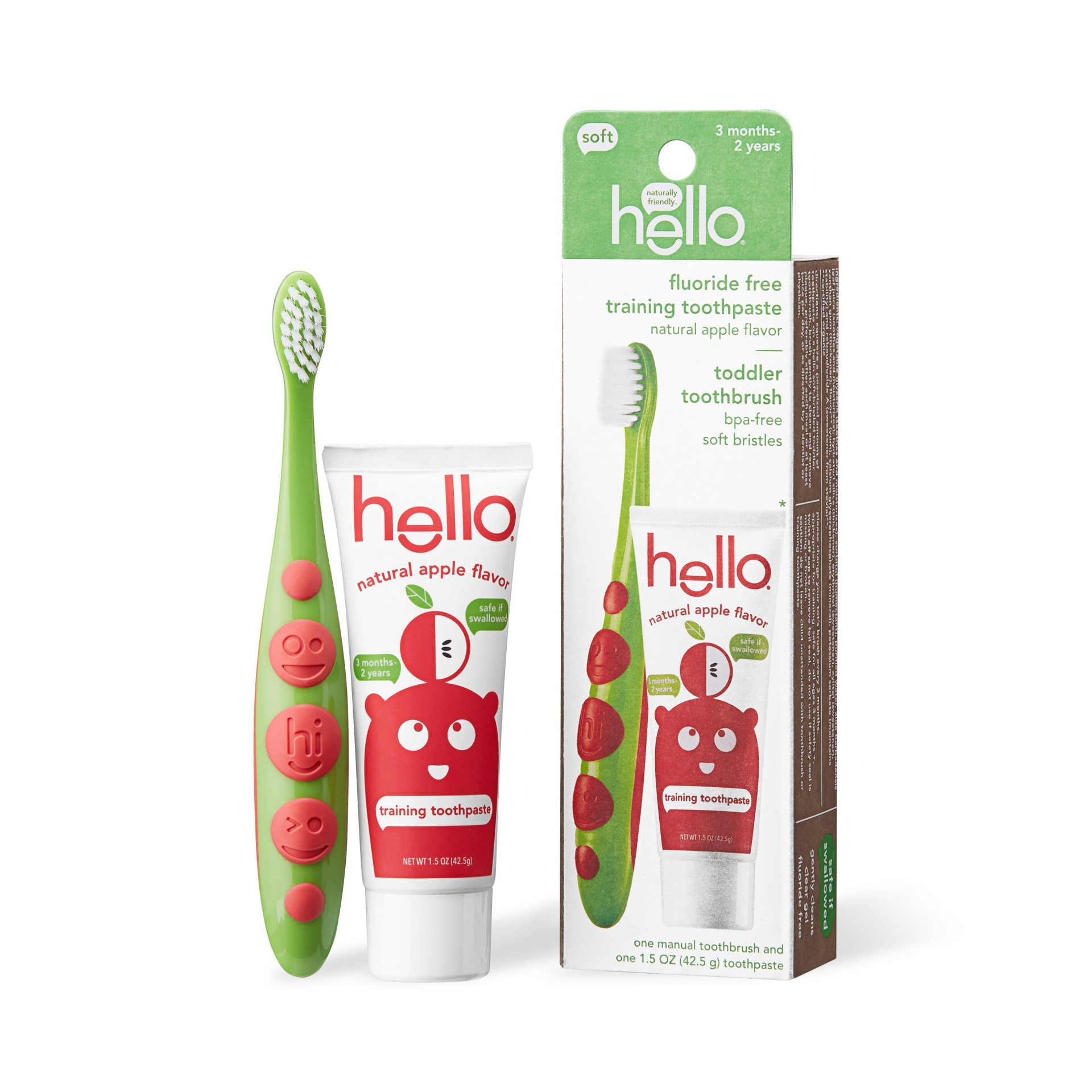 slide 1 of 4, hello Natural Apple Flavored Toothpaste and Toddler Toothbrush Bundle Fluoride Free - 1.5oz, 1.5 oz