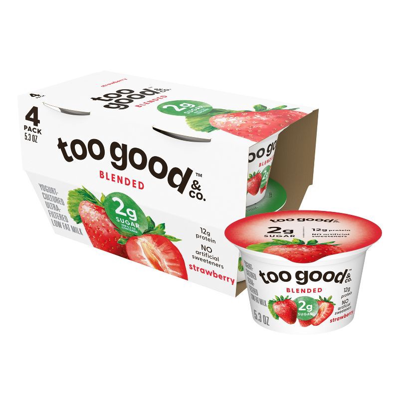slide 1 of 6, Too Good & Co. Low Fat Lower Sugar Strawberry Greek Yogurt - 12g Protein 4ct/5.3oz Cups, 12 gram, 4 ct, 5.3 oz