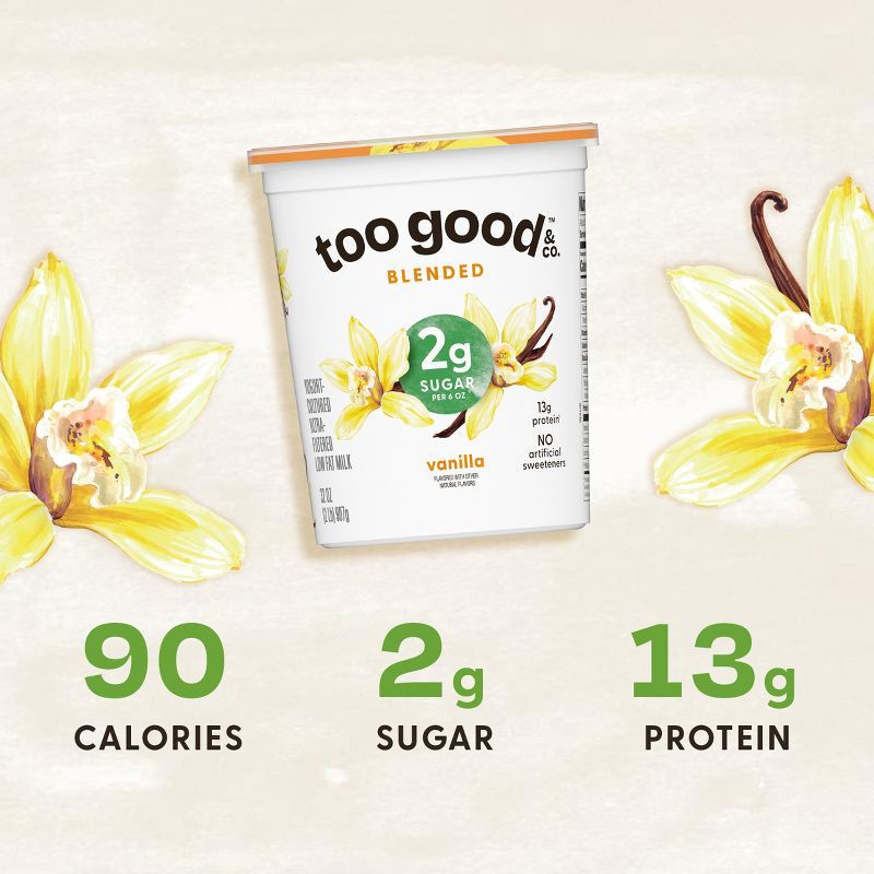 slide 2 of 11, Too Good & Co. Low Fat Lower Sugar Vanilla Greek Yogurt - 13g Protein 32oz, 13 gram, 32 oz
