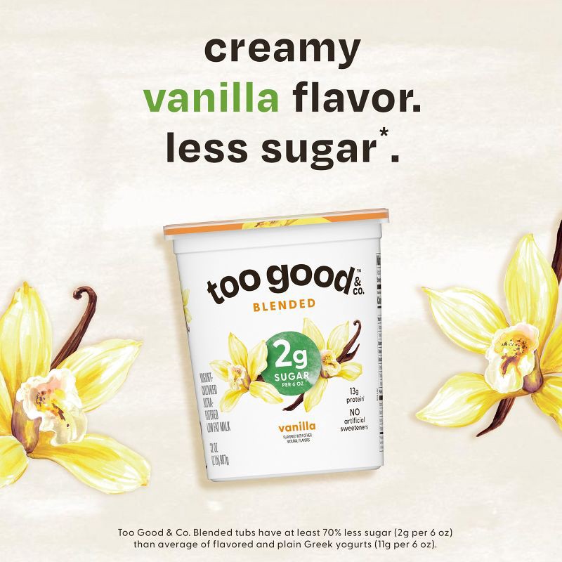 slide 3 of 11, Too Good & Co. Low Fat Lower Sugar Vanilla Greek Yogurt - 13g Protein 32oz, 13 gram, 32 oz