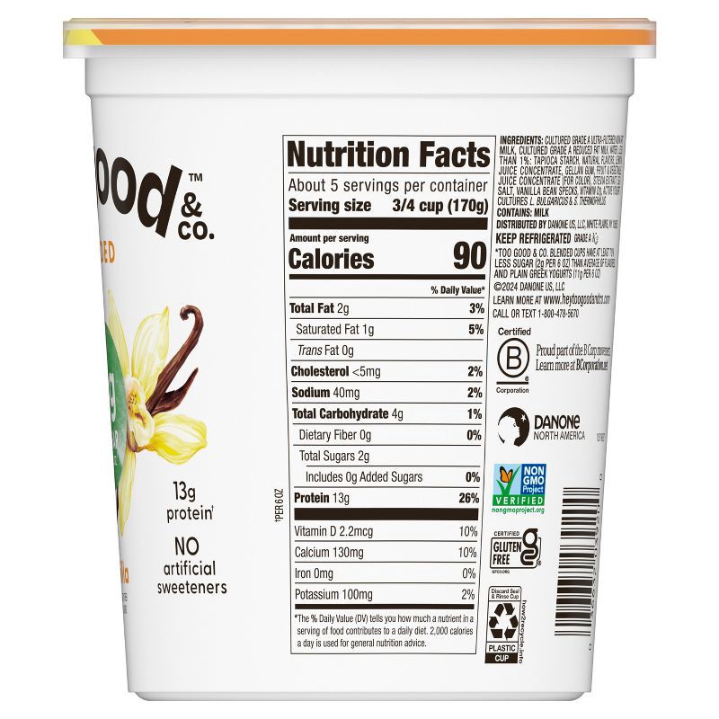 slide 5 of 7, Too Good & Co. Low Fat Lower Sugar Vanilla Greek Yogurt - 13g Protein 32oz, 13 gram, 32 oz
