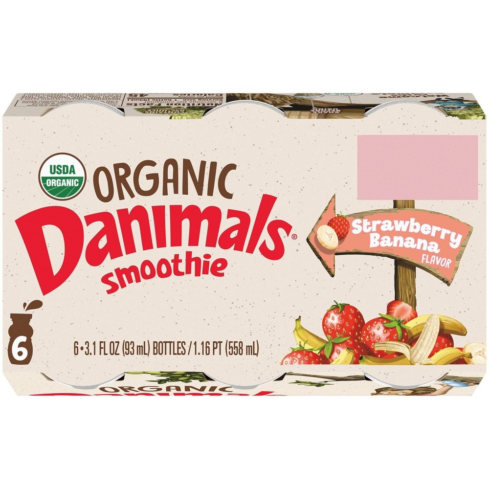 slide 3 of 5, DANNON Danimals Organic Strawberry Banana Flavored Kids' Yogurt Smoothies, 6 ct, 3.1 fl oz