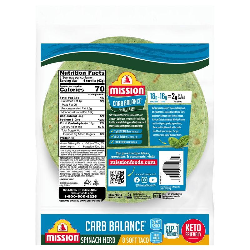 slide 2 of 9, Mission Taco Size Soft Carb Balance Spinach & Herb Flour Tortillas - 12oz/8ct, 8 ct; 12 oz