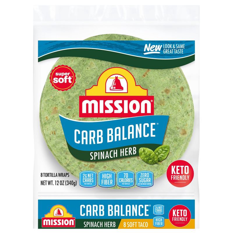 slide 1 of 9, Mission Taco Size Soft Carb Balance Spinach & Herb Flour Tortillas - 12oz/8ct, 8 ct; 12 oz