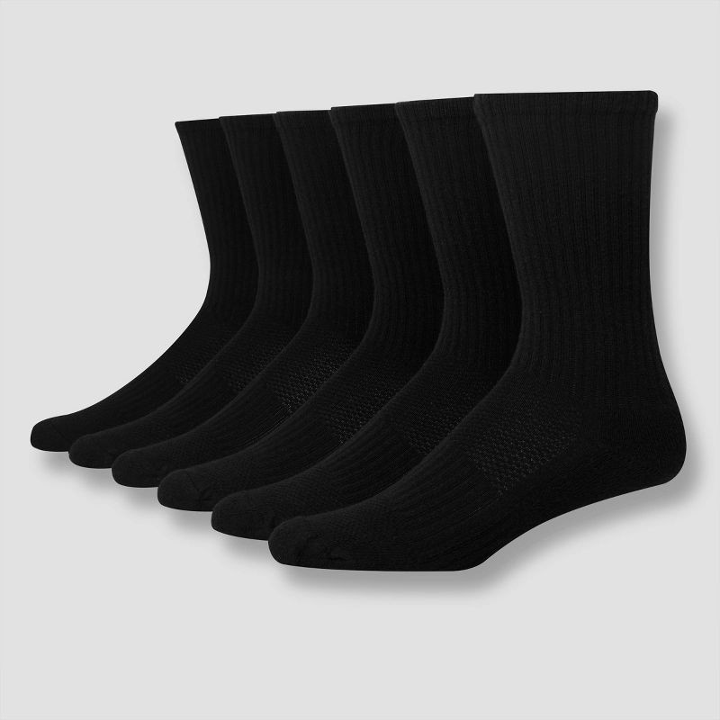 slide 1 of 4, Hanes Premium Men's Big & Tall Hanes Moves Premium Performance Cushioned Crew Socks 6pk - Black 12-14: Moisture Wicking, Breathable, Ribbed, 6 ct