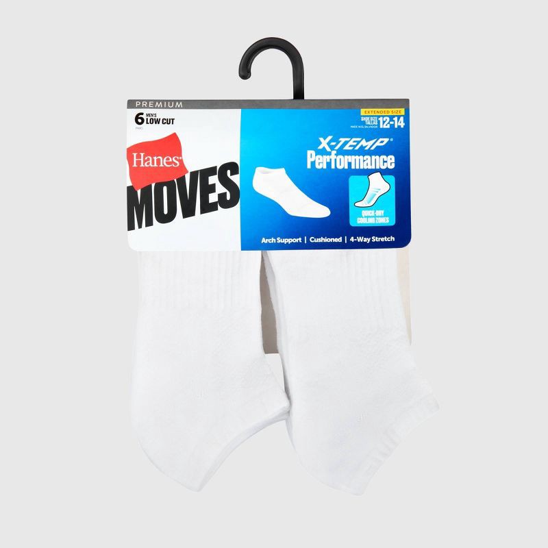 slide 3 of 4, Hanes Premium Men's Big & Tall Hanes Moves Premium Performance Cushioned Low Cut Socks 6pk - White 12-14: Breathable, Moisture Wicking, 6 ct