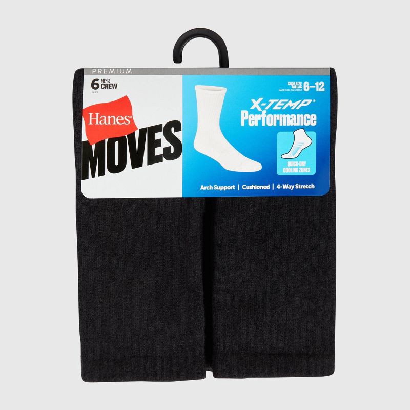 slide 3 of 3, Hanes Premium Men's Hanes Moves Premium Performance Cushioned Crew Socks 6pk - Black 6-12: Moisture Wicking, Breathable, Ribbed Midweight Fabric, 6 ct