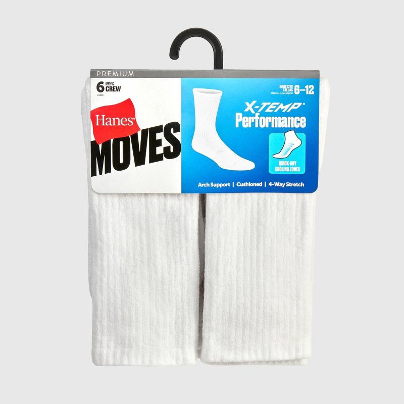 slide 3 of 3, Hanes Premium Men's Hanes Moves Premium Performance Cushioned Crew Socks 6pk - White 6-12: Breathable, Moisture Wicking, Ribbed, 6 ct