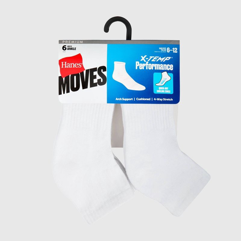 slide 2 of 3, Hanes Premium Men's Hanes Moves Premium Performance Cushioned Ankle Socks 6pk - White 6-12: Moisture Wicking, Breathable, Midweight Fabric, 6 ct