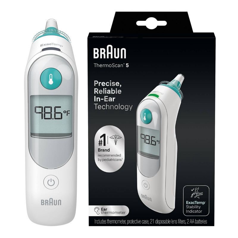 slide 1 of 8, Braun Thermoscan Ear Thermometer with ExacTemp Technology: Includes Protective Case, Instruction Manual, Batteries, Lens Filters, 1 ct