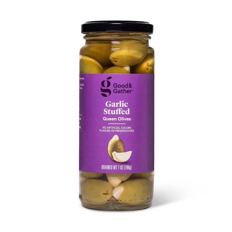 slide 1 of 4, Garlic Stuffed Queen Olives - 7oz - Good & Gather™, 7 oz