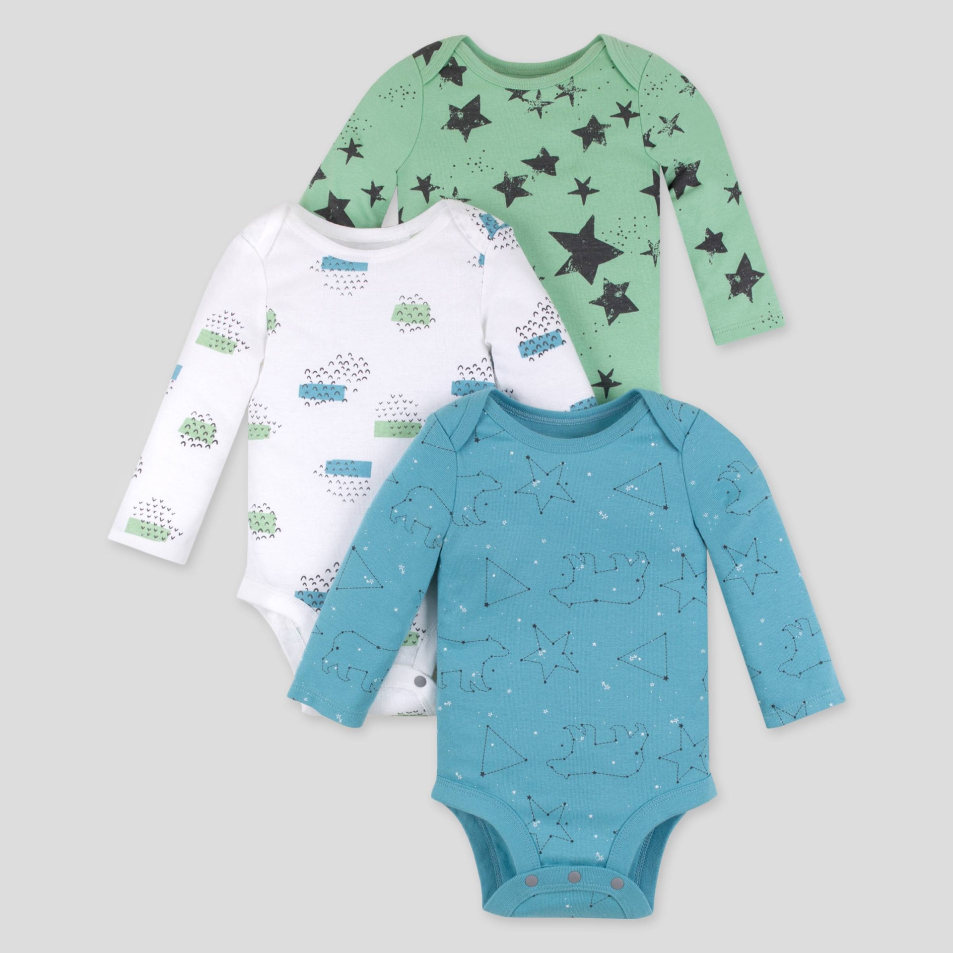 slide 1 of 2, Lamaze Baby Boys' 3pk Star Printed Organic Cotton Bodysuit - Blue/Green/White Newborn, 3 ct