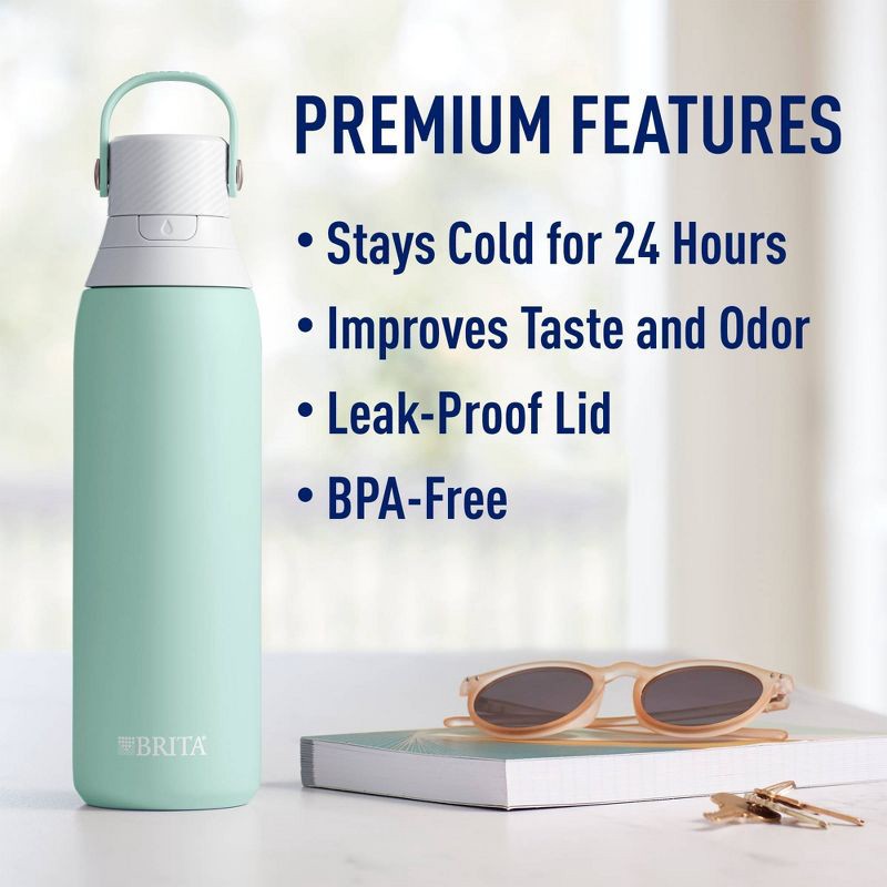 slide 3 of 10, Brita 20oz Premium Double Wall Stainless Steel Insulated Filtered Water Bottle - Light Blue: Reusable Kids Bottle, 20 oz