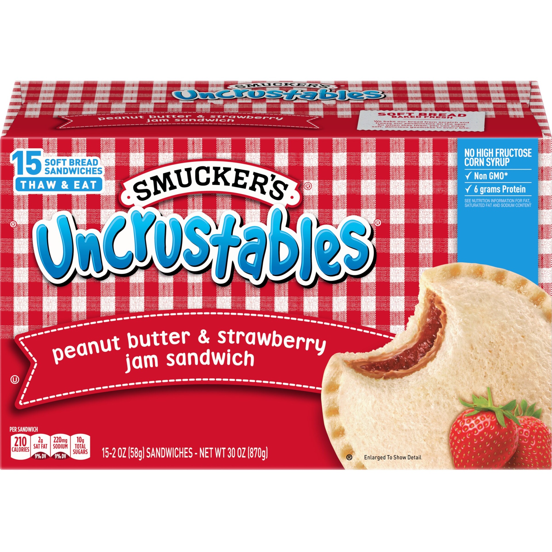 slide 1 of 1, Smucker's Uncrustables Peanut Butter & Strawberry Jam Sandwich 15 ct Pack, 15 ct; 2 oz