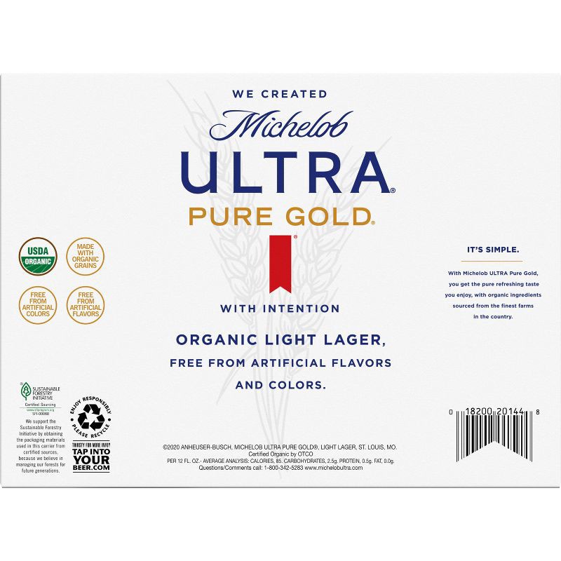 slide 9 of 9, Michelob Ultra Pure Gold Organic Light Beer - 12pk/12 fl oz Slim Cans, 12 ct; 12 fl oz