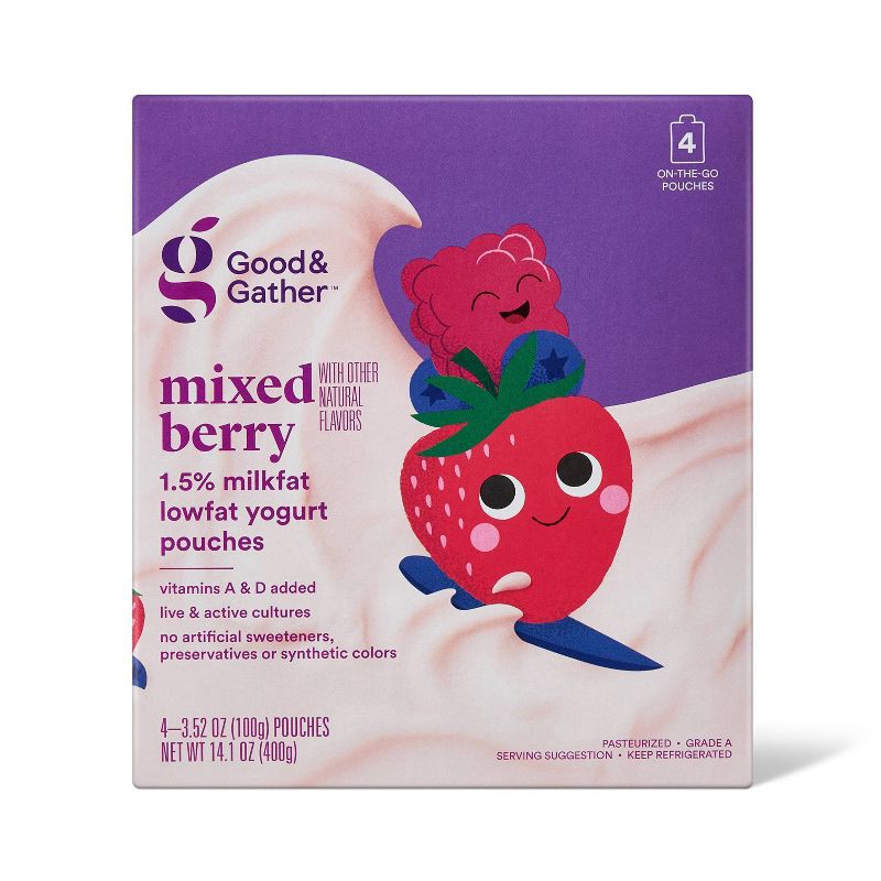 slide 1 of 4, Mixed Berry Lowfat Kids' Yogurt - 4ct/3.5oz Pouches - Good & Gather™, 4 ct; 3.5 oz