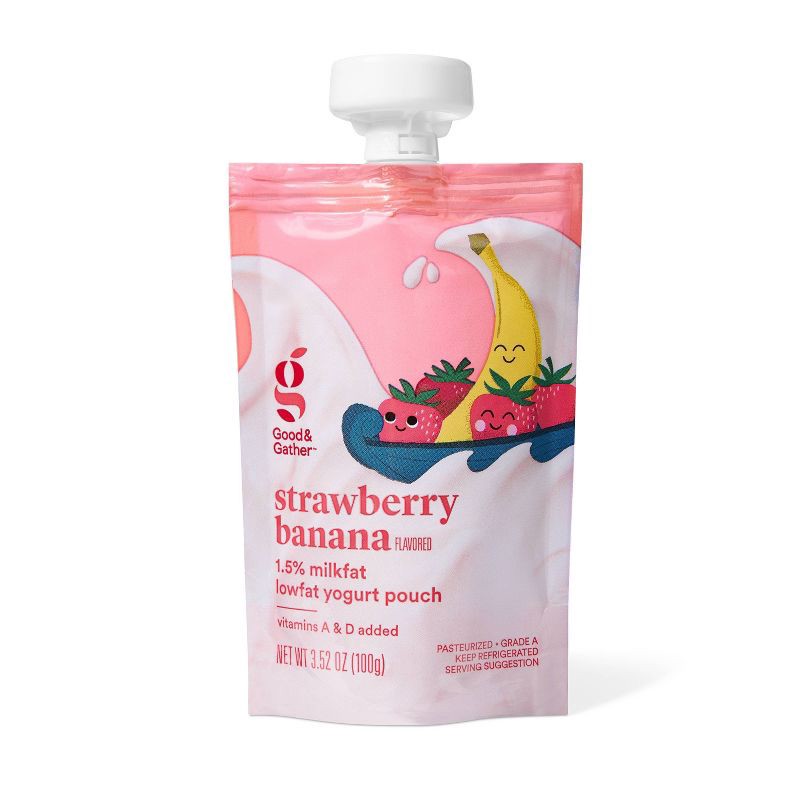 slide 2 of 4, Strawberry Banana Lowfat Kids' Yogurt - 4ct/3.5oz Pouches - Good & Gather™, 4 ct; 3.5 oz