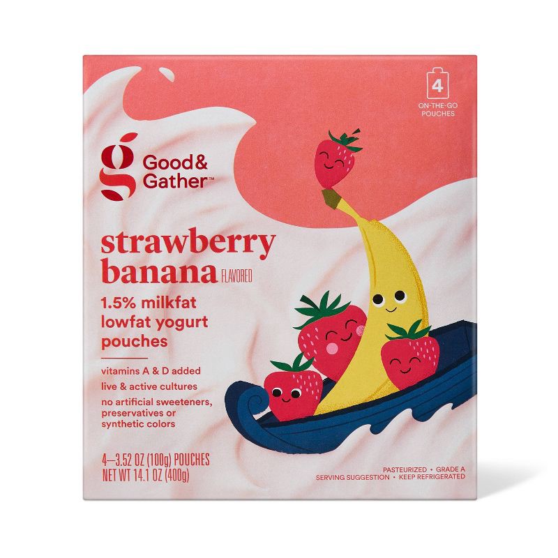 slide 1 of 4, Strawberry Banana Lowfat Kids' Yogurt - 4ct/3.5oz Pouches - Good & Gather™, 4 ct; 3.5 oz