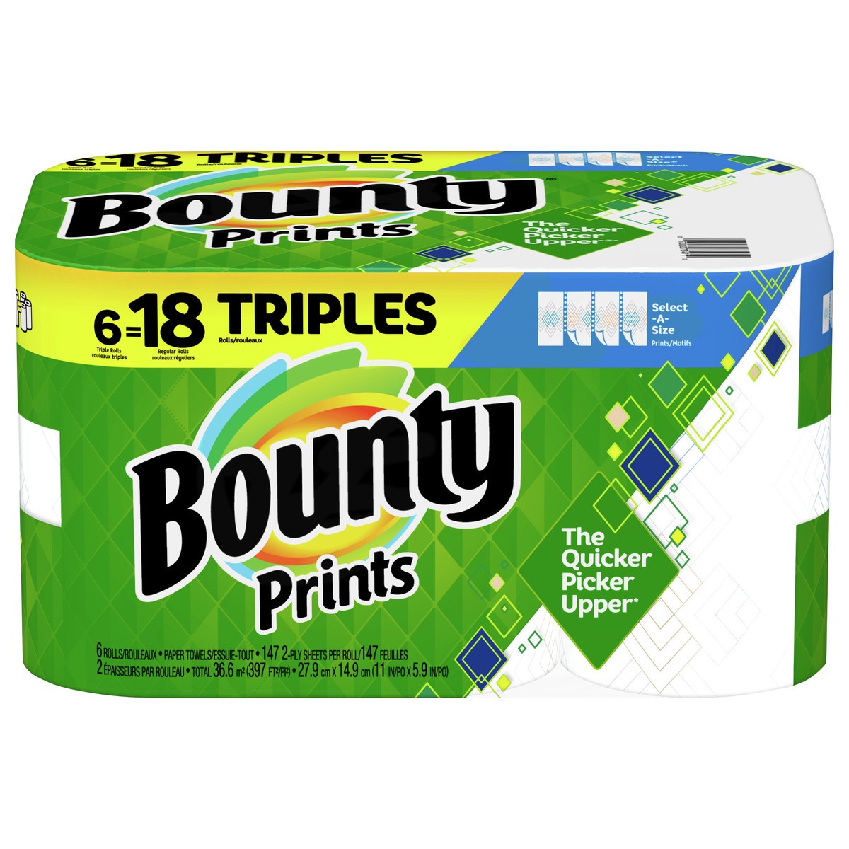 slide 1 of 5, Bounty Select-A-Size Paper Towels, Print, 6 Triple Rolls = 18 Regular Rolls, 12 Count, 6 ct