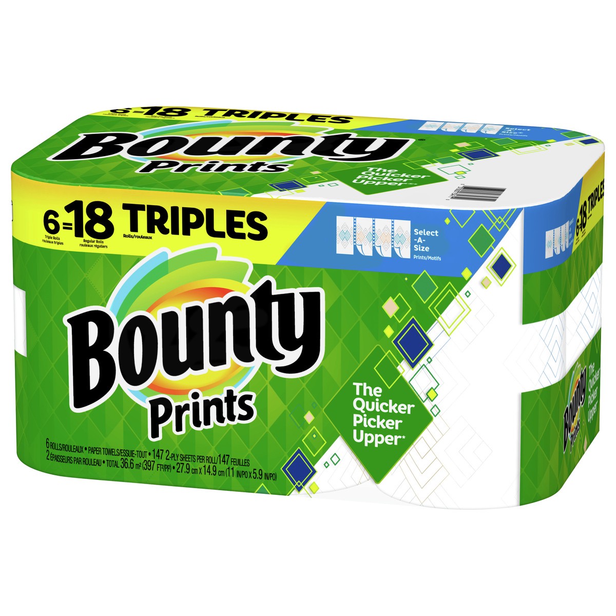 slide 3 of 5, Bounty Select-A-Size Paper Towels, Print, 6 Triple Rolls = 18 Regular Rolls, 12 Count, 6 ct