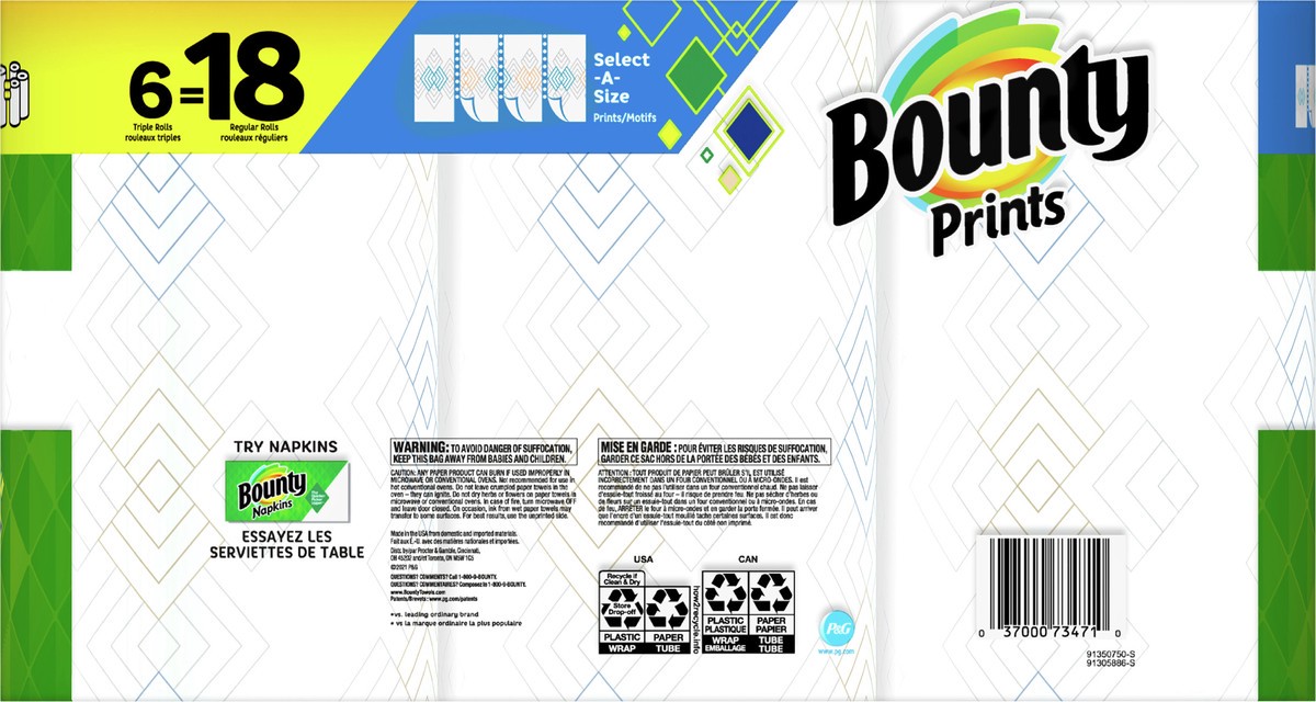 slide 4 of 5, Bounty Select-A-Size Paper Towels, Print, 6 Triple Rolls = 18 Regular Rolls, 12 Count, 6 ct