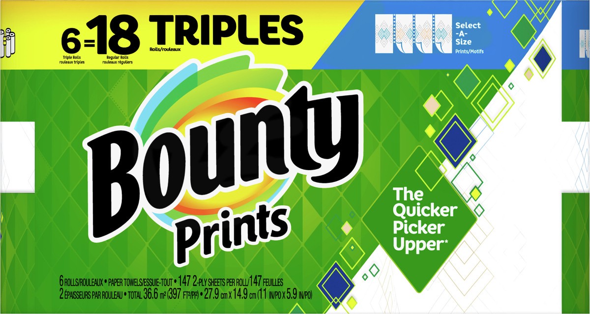 slide 5 of 5, Bounty Select-A-Size Paper Towels, Print, 6 Triple Rolls = 18 Regular Rolls, 12 Count, 6 ct