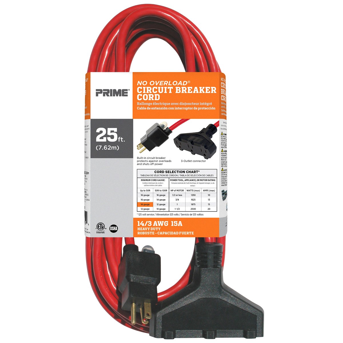 slide 2 of 2, Prime Wire & Cable No Overload Triple-Tap Circuit Breaker Extension Cord - SJTW 14/3, 25 ft