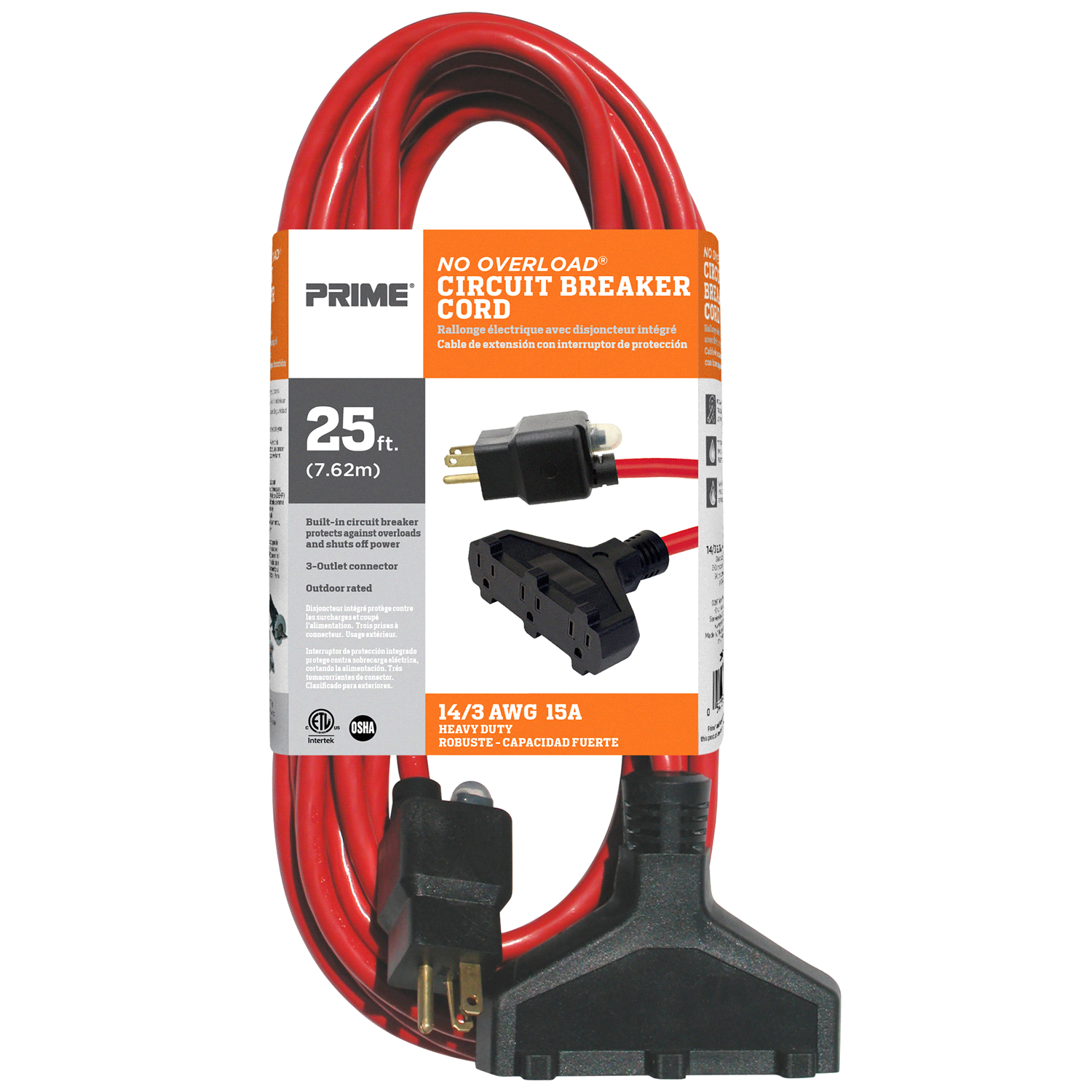 slide 1 of 2, Prime Wire & Cable No Overload Triple-Tap Circuit Breaker Extension Cord - SJTW 14/3, 25 ft
